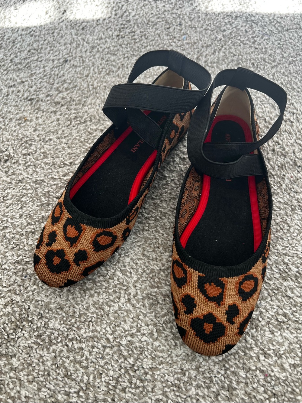 ANTONIO MELANI Leopard Knit Ballet Flats with Black Ankle Straps